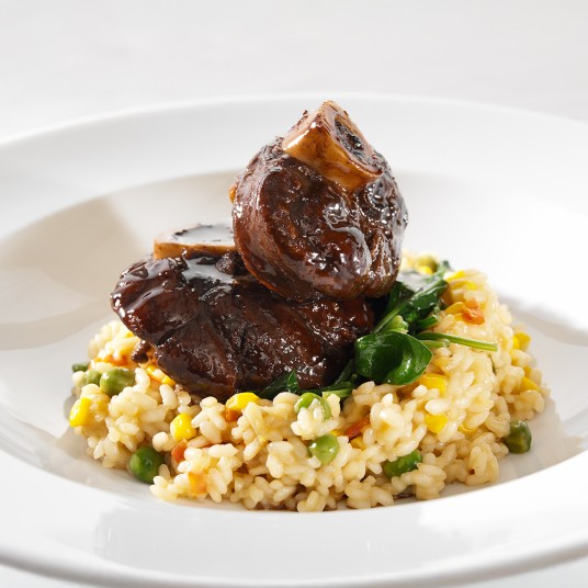 Osso Bucco new pea and sweetcorn risotto with red wine sauce Graham Brown b